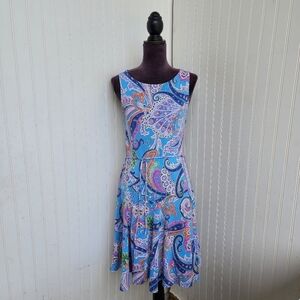 Ralph Lauren Dress Stretch Sleeveless Flare Blue Paisley Lilac Modal Cotton PM
